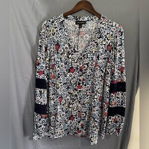 Lane Bryant Black Floral V-Neck Blouse with Red and Light Blue Accents